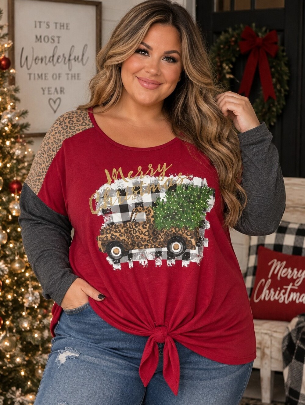 Cato 18/20W Christmas Leopard Truck Top Plus Size Buffalo Plaid Tie Front